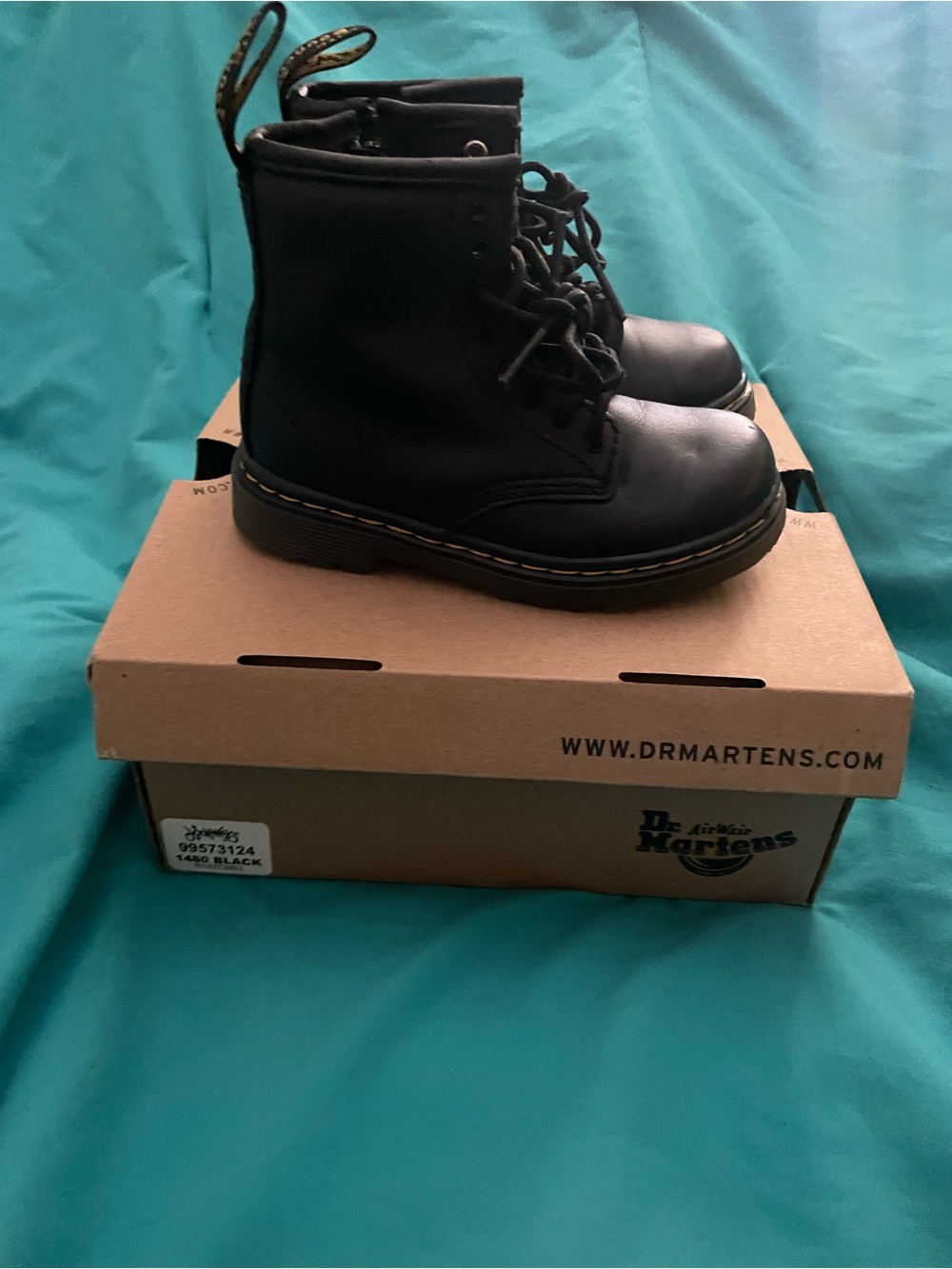 Dr. Martens Kids Black Lace-Up Combat Boots with Yellow Welt Stitching